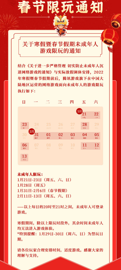 騰訊游戲公布2022年寒假暨春節(jié)假期未成年人限玩時(shí)間，最多可玩14個(gè)小時(shí)