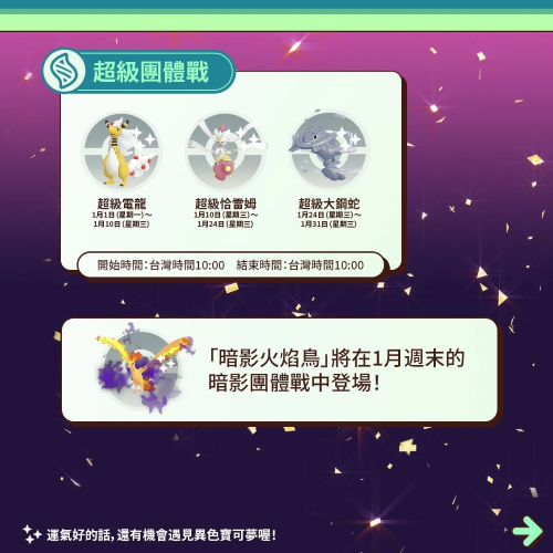 《PokemonGO》公開1月活動情報！三云神特別招靈獸形態(tài)輪番上陣、洗翠火爆獸團(tuán)戰(zhàn)日即將開打